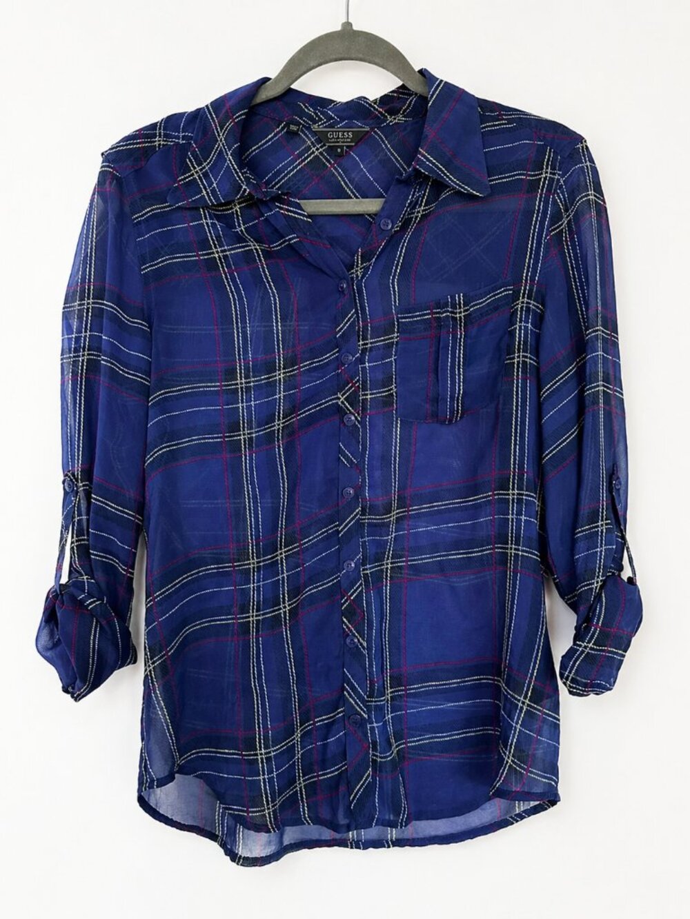 Guess Sheer Plaid Button Down Blouse Blue Long Sleeve Shirt